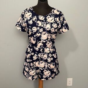 Lush Women's Navy and Pink Floral Back Zipper Short Sleeve Romper